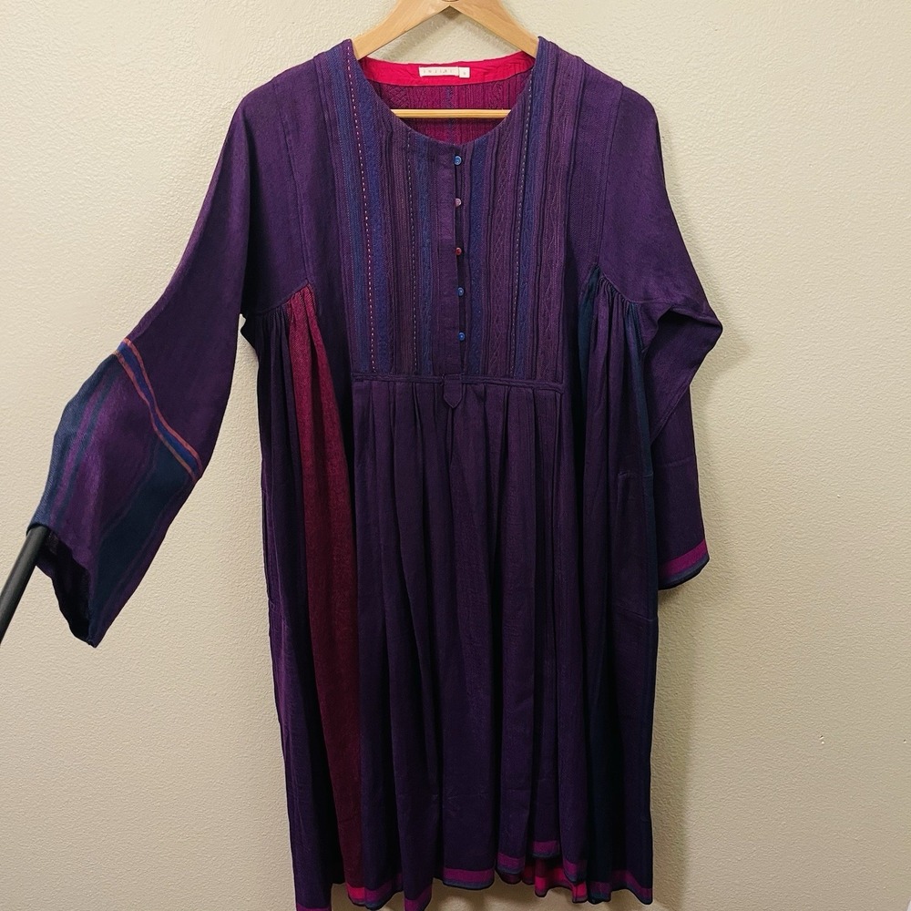 Injiri Wool Dress Handwoven Embroidered Folk Tunic Pink Purple Ethnic Boho Sz S